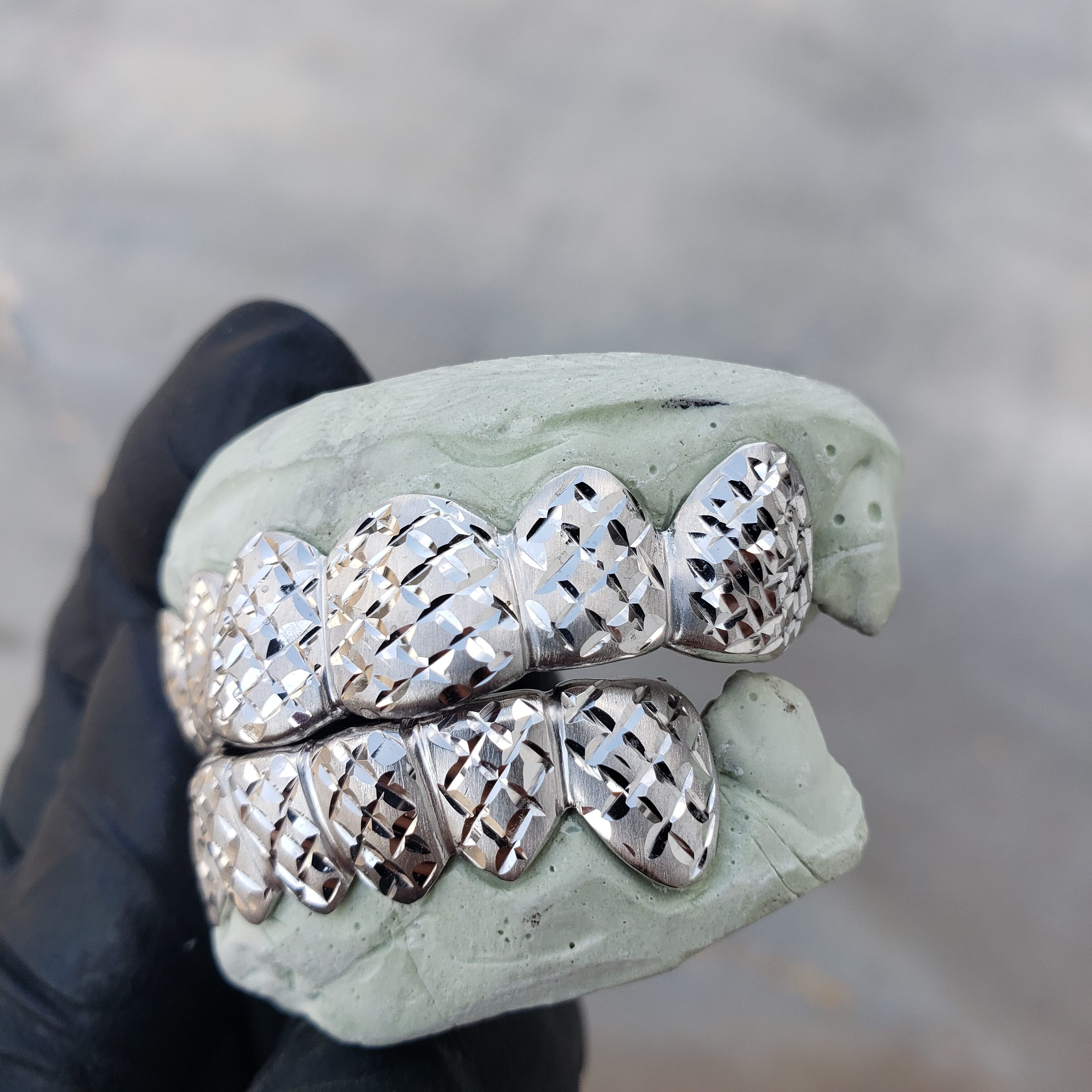 White Gold Satin Finish with Polished Diamond Cut Grillz | GotGrillz
