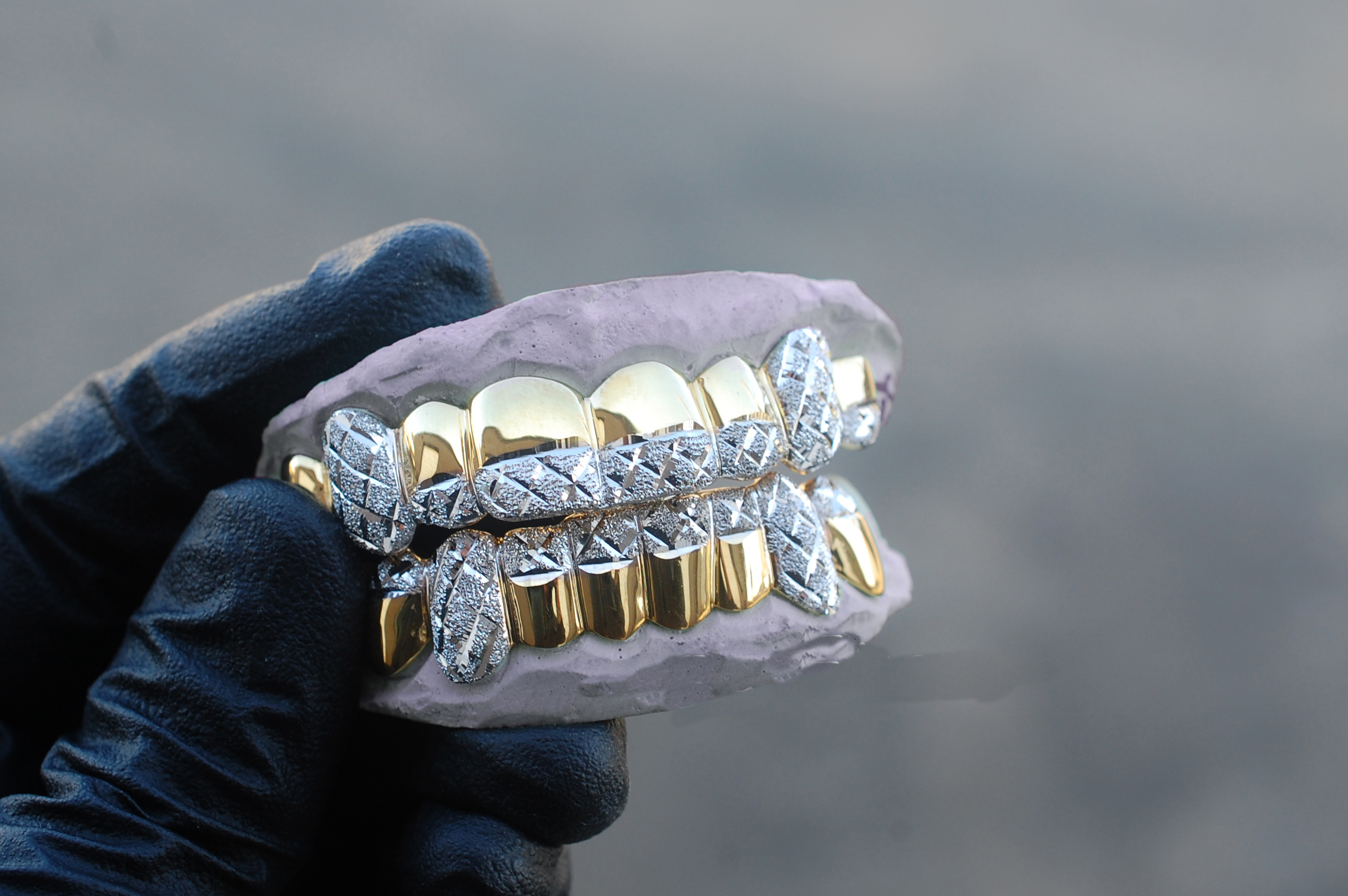 Yellow and White Gold Tipped Diamond Dust Cuts Grillz GotGrillz