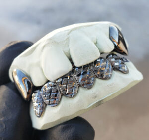 Black Gold Diamond Dust Cut K9 and Bottom Solid Grillz - GotGrillz