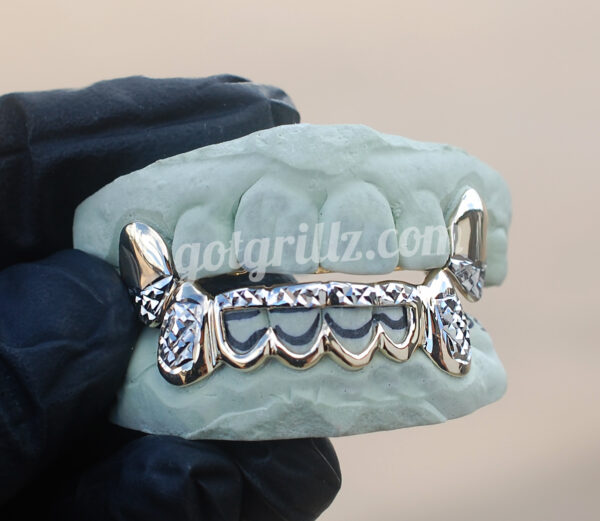 Yellow and White Gold Diamond Cut Tip K9 and Bottom Diamond Cut Grillz GotGrillz