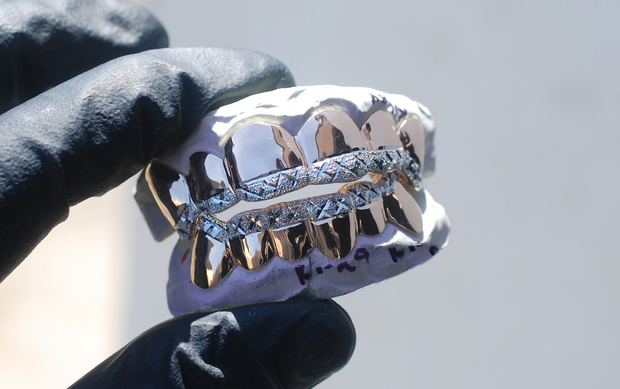 Rose and White Gold K9 Fangs Tipped Diamond Dust Cuts Grillz GotGrillz