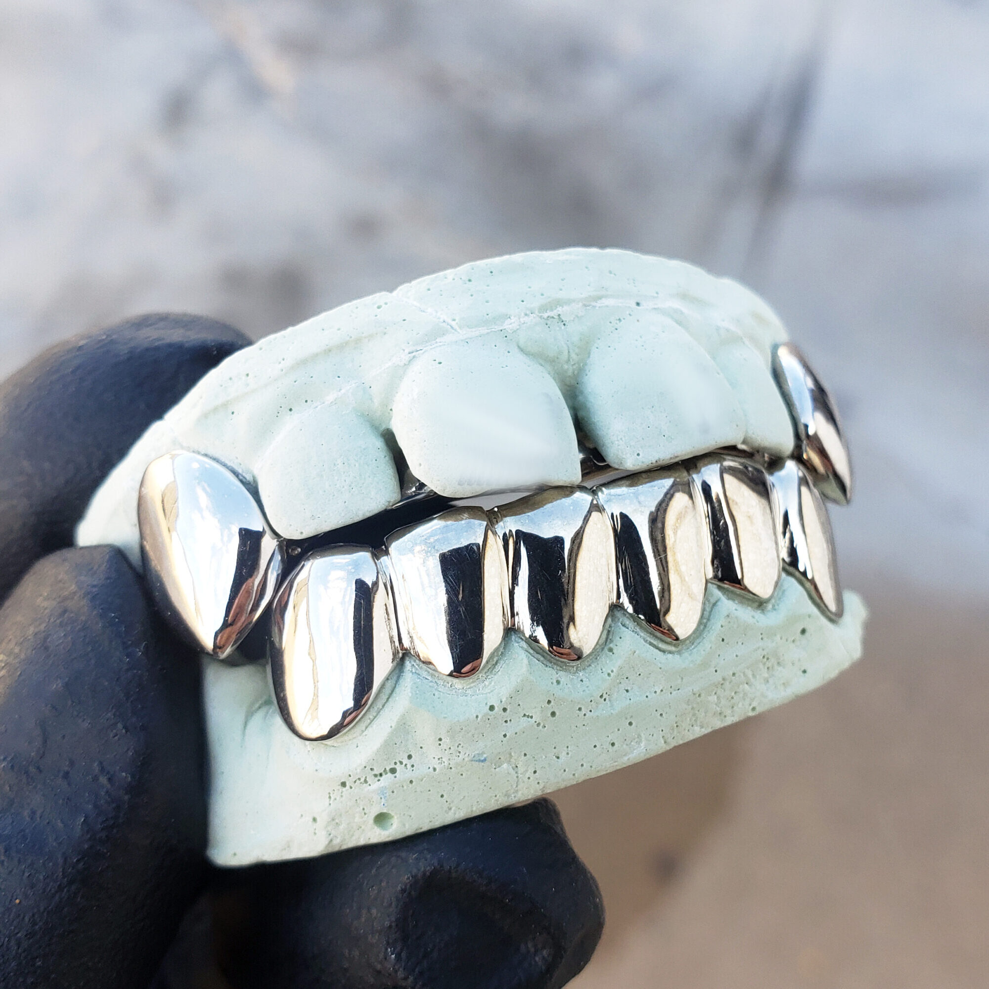 White Gold Solid Polished K9 Fangs and Bottom Solid Grillz GotGrillz