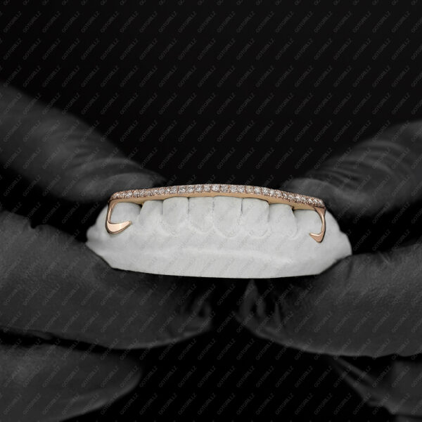 Rose Gold J Hook Style Iced Diamond Bar Bottom Grillz - GotGrillz