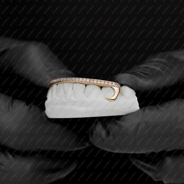 Rose Gold J Hook Style Iced Diamond Bar Bottom Grillz - GotGrillz