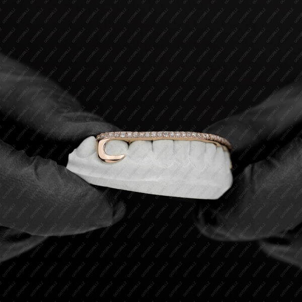 Rose Gold J Hook Style Iced Diamond Bar Bottom Grillz - GotGrillz