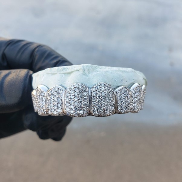 White Gold Handset Diamond Honeycomb Zig Zag Grillz - GotGrillz