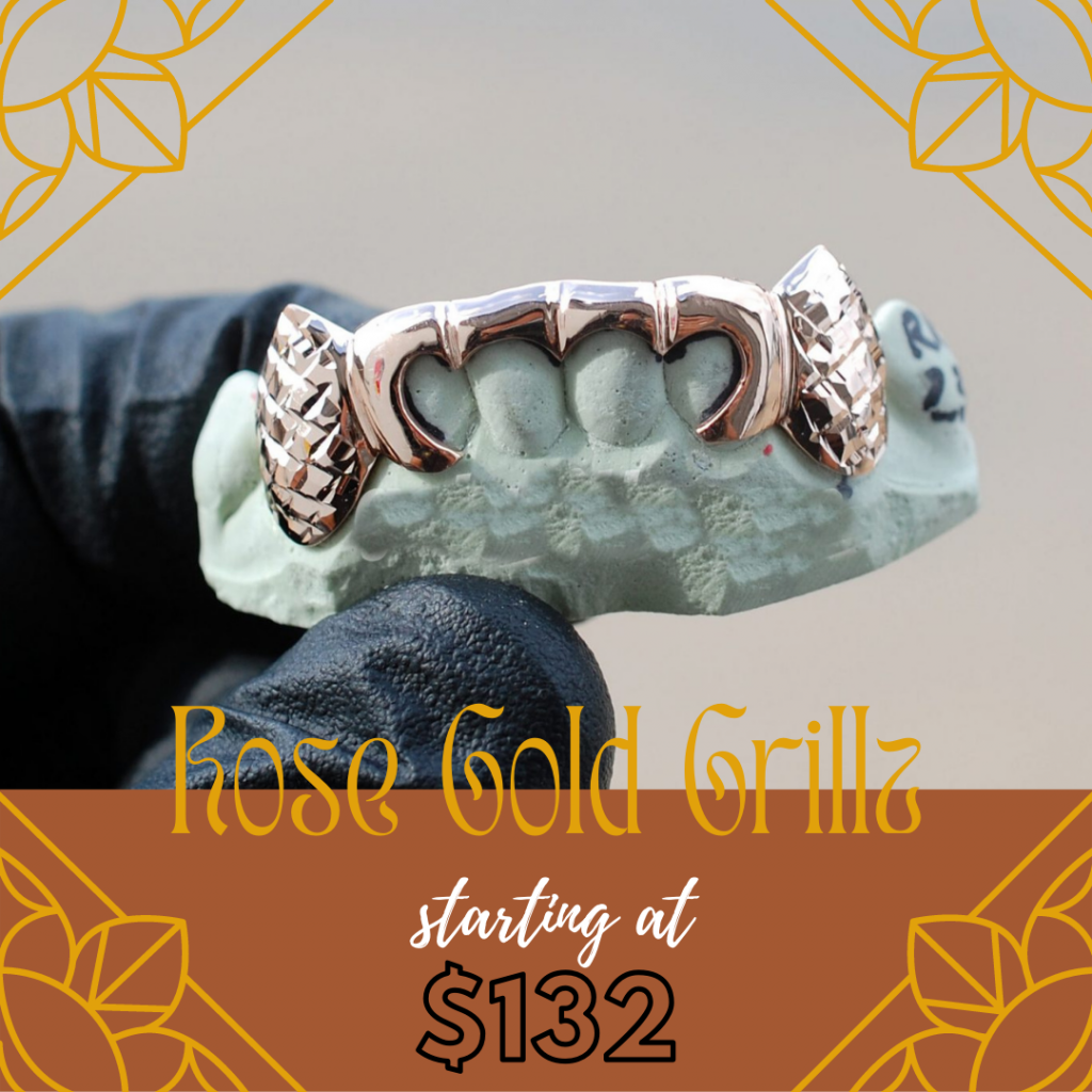 Rose Gold Outline Style with Diamond Cut K9 Fangs Grillz - GotGrillz