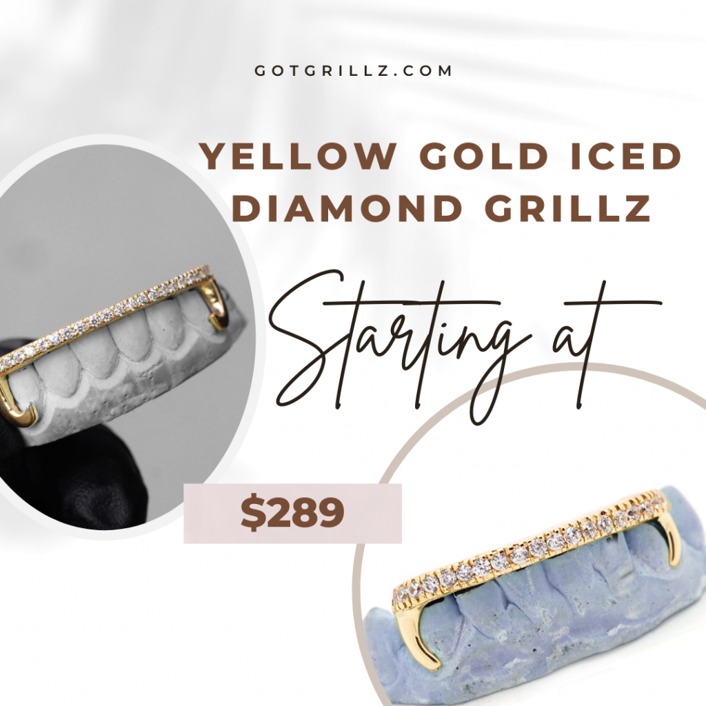 Yellow Gold Iced Diamond Bar Bottom Kim K Teeth Grillz - GotGrillz