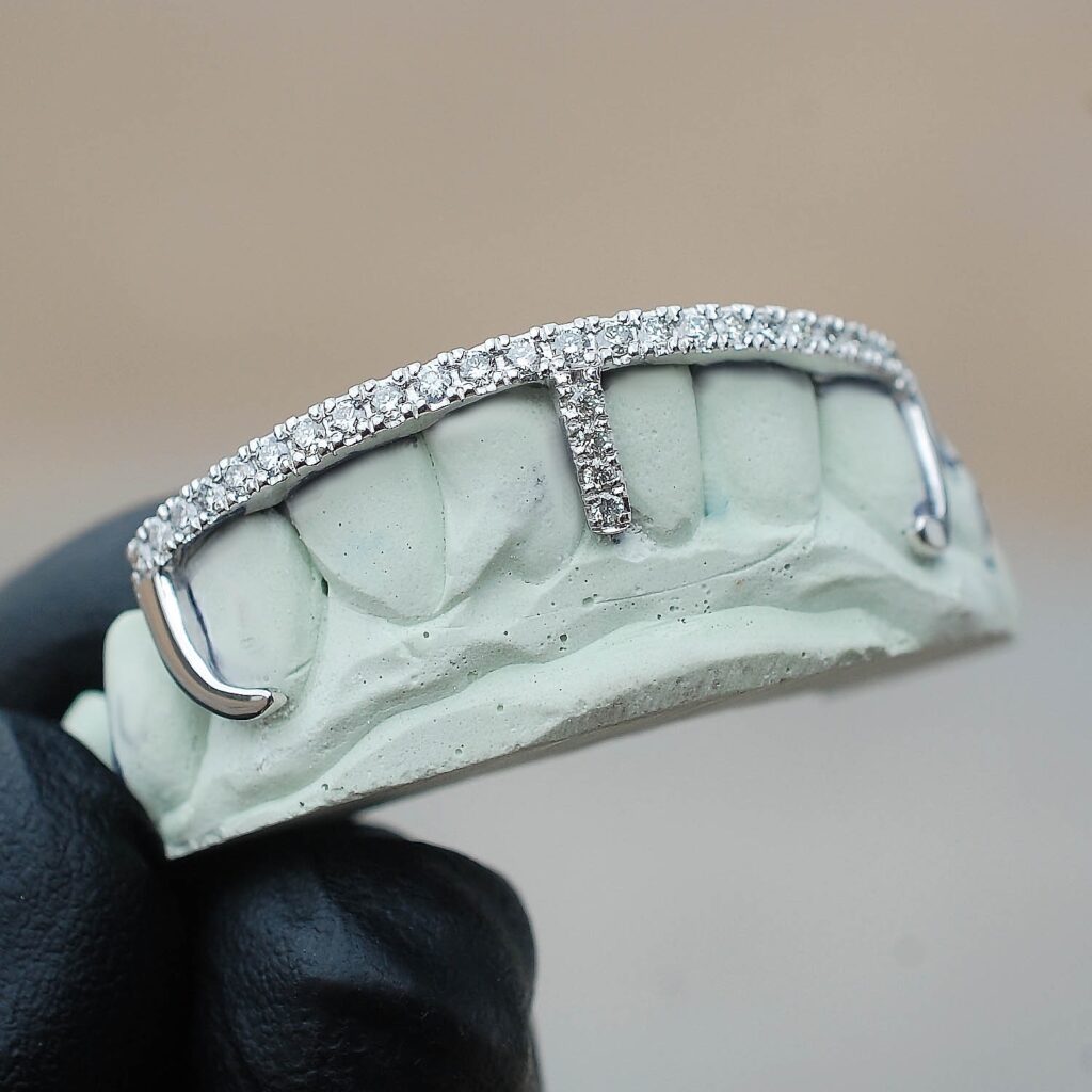 White Gold Gap Bar Hook Style Iced Diamond Bar Bottom Kim K Grillz