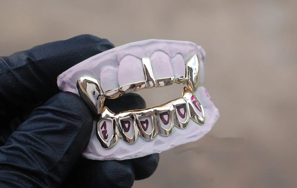 Yellow Gold Gap Bar Grillz K9 Fangs and Bottom Open Face Grillz