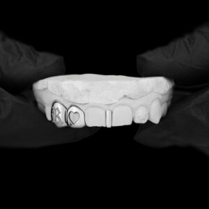 White Gold Double Cap Custom K9 Engraving and Heart Cut Out Incisor with Gap Bar Grillz - Got Grillz