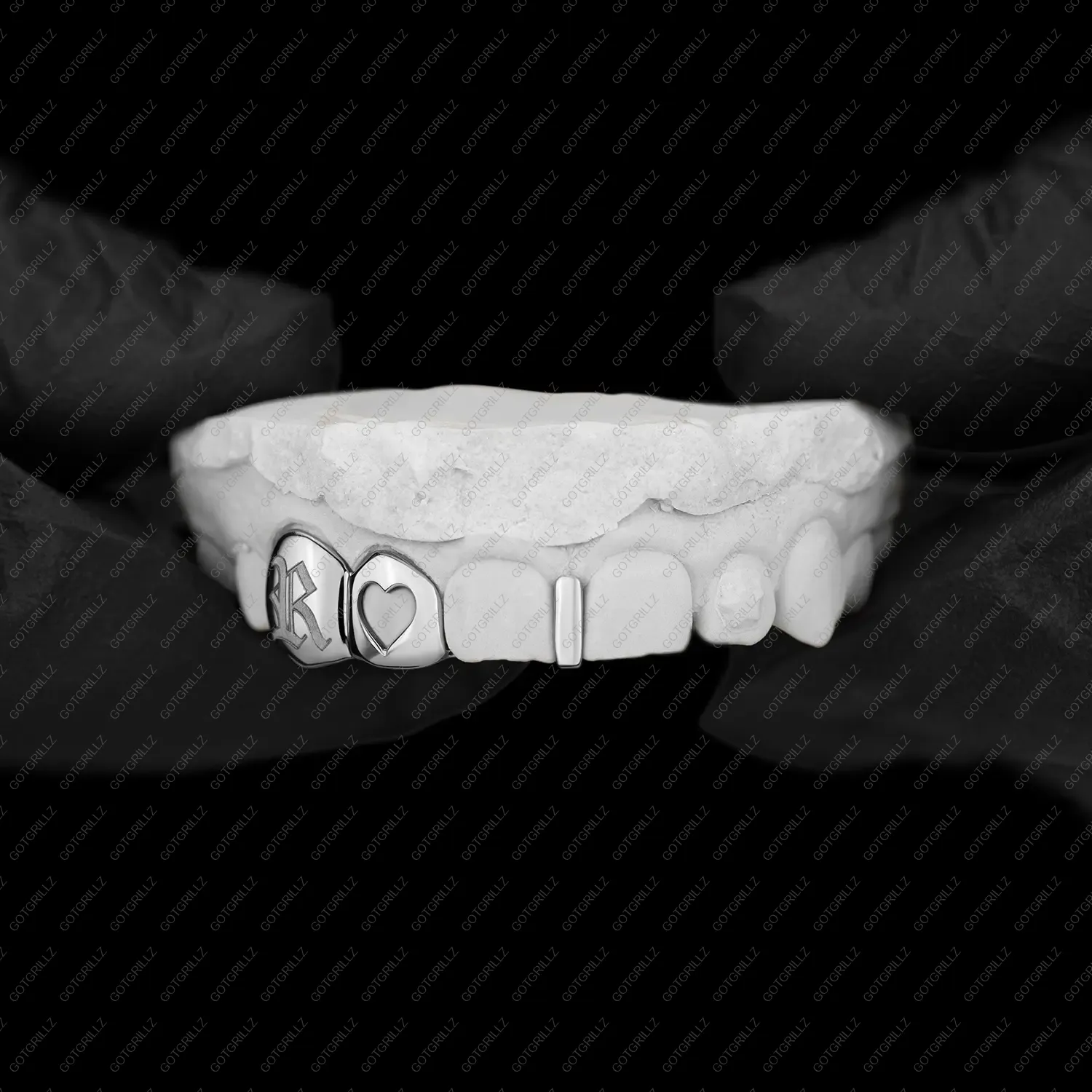 White Gold Double Cap Custom K9 Engraving and Heart Cut Out Incisor with Gap Bar Grillz - Got Grillz