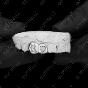 White Gold Double Cap Custom K9 Engraving and Heart Cut Out Incisor with Gap Bar Grillz - Got Grillz