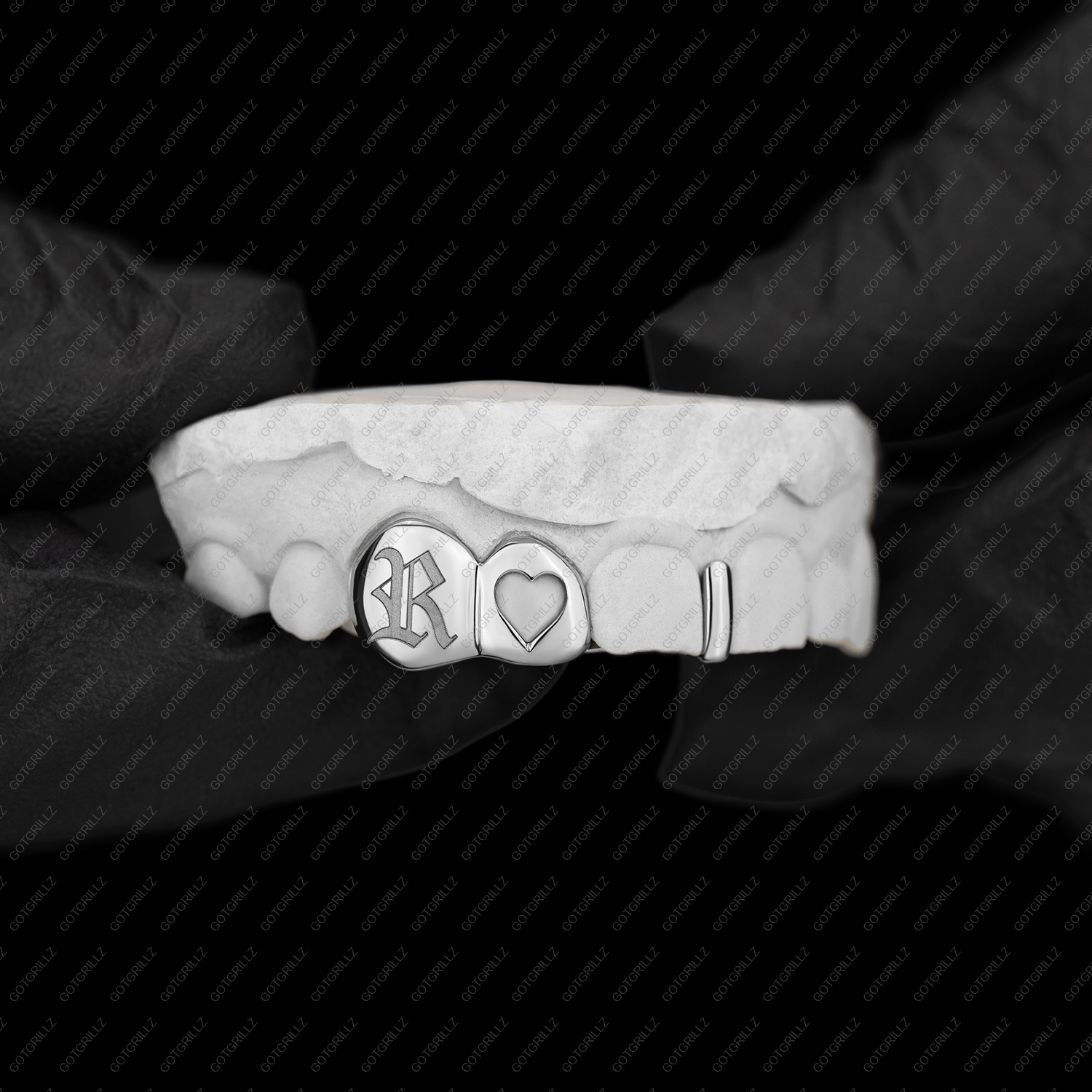 White Gold Double Cap Custom K9 Engraving and Heart Cut Out Incisor with Gap Bar Grillz - Got Grillz