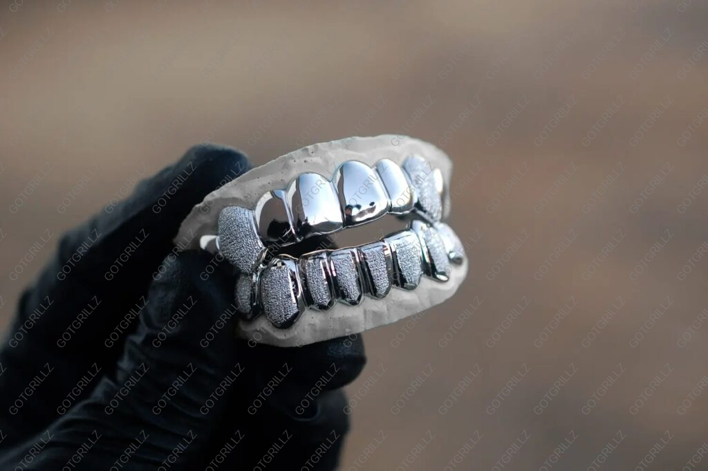 White Gold Diamond Dust K9 and Punchout Bottom Grillz