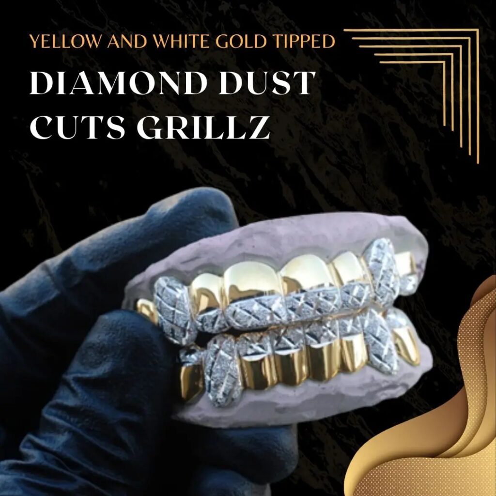 Yellow and White Gold Tipped Diamond Dust Cuts Grillz