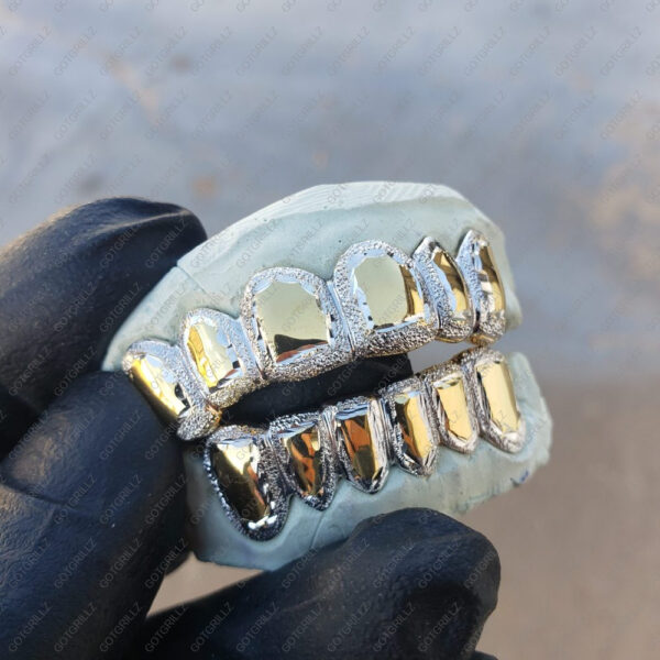 Yellow and White Gold Frame Diamond Dust Grillz - GotGrillz