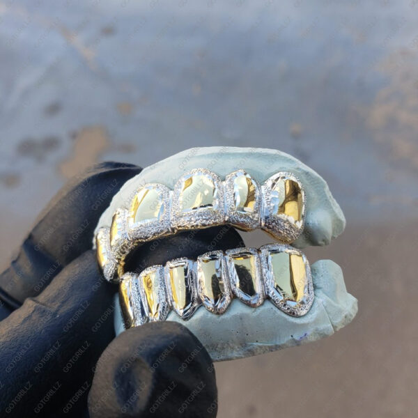 Yellow and White Gold Frame Diamond Dust Grillz - GotGrillz