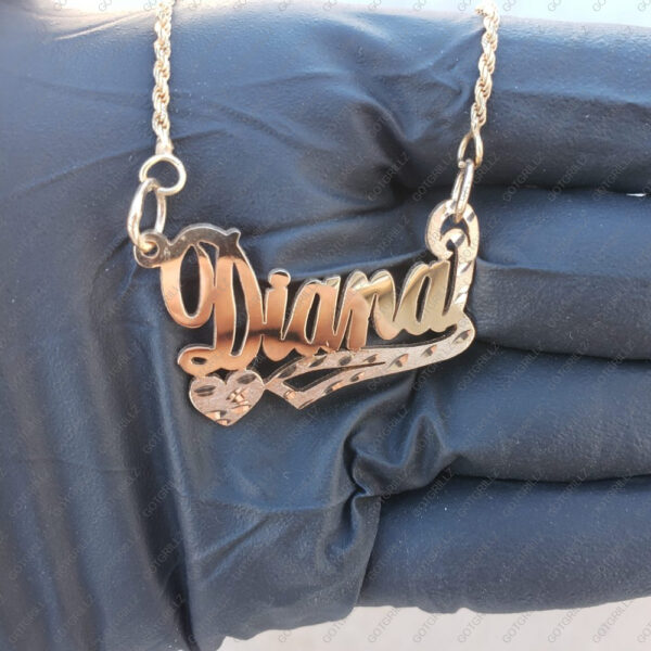 Gold Custom Personalized Solid Cursive Left Heart Nameplate Pendant with Rope Chain - GotGrillz