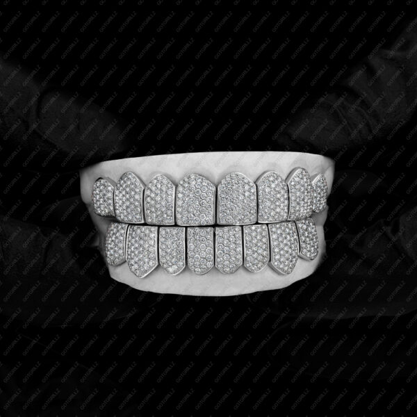 White Gold Handset Diamond Honeycomb Zig Zag Grillz - GotGrillz