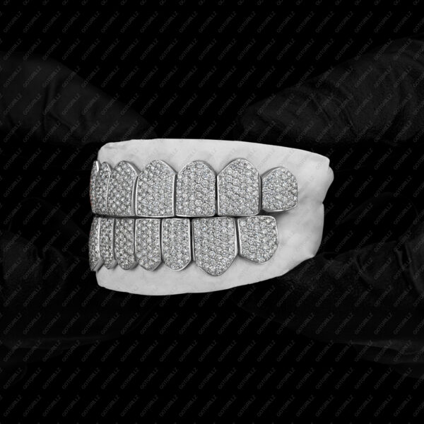 White Gold Handset Diamond Honeycomb Zig Zag Grillz - GotGrillz