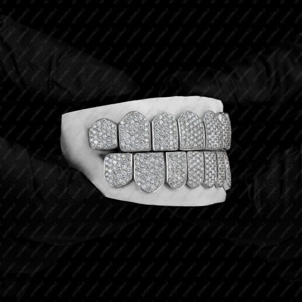 White Gold Handset Diamond Honeycomb Zig Zag Grillz - GotGrillz