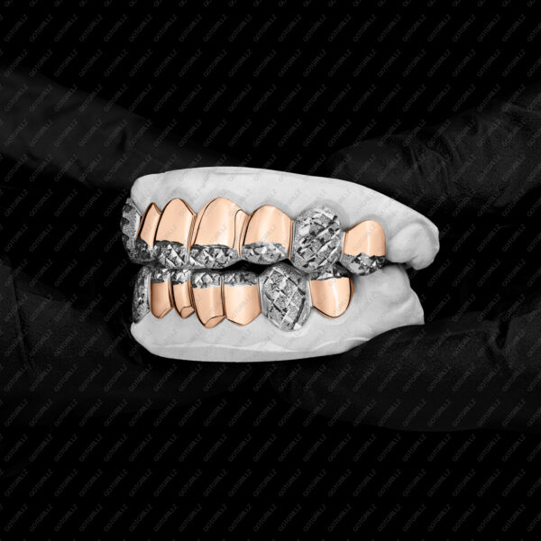 Rose and White Gold K9 Fangs Tipped Diamond Dust Cuts Grillz - GotGrillz