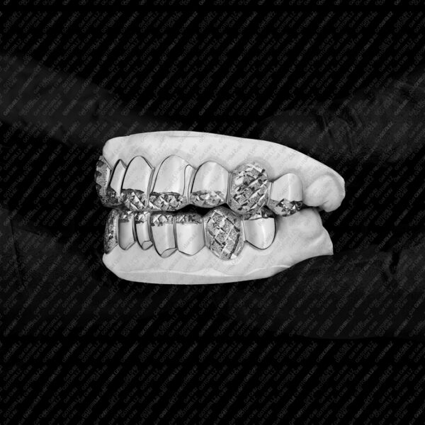 White Gold Diamond Dust Cut Tip and Full K9 Top and Bottom Grillz - GotGrillz