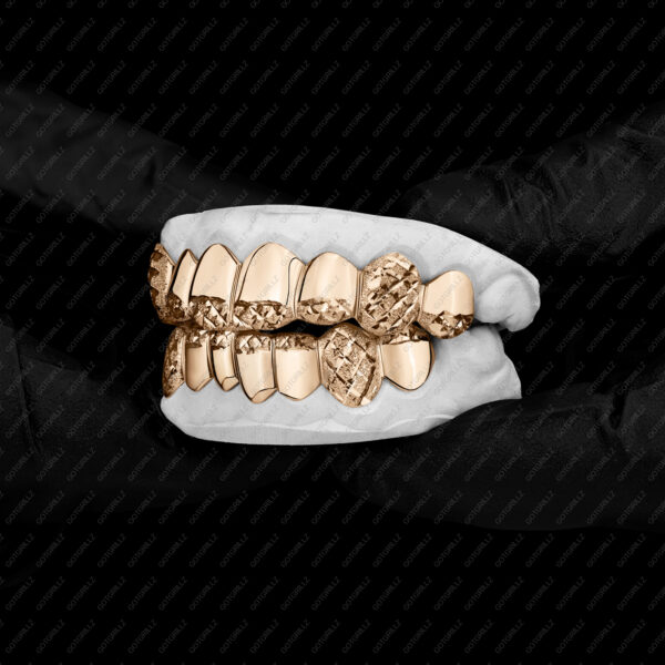 Yellow Gold Diamond Dust Cut Tip and Full K9 Top & Bottom Grillz - GotGrillz