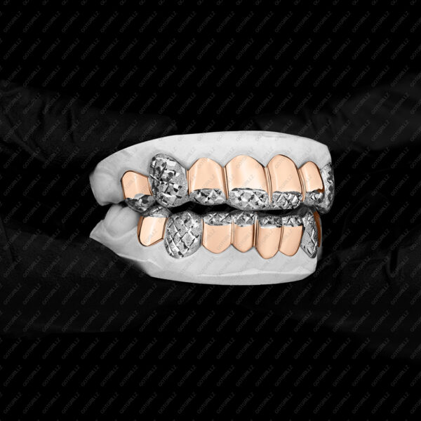 Rose and White Gold K9 Fangs Tipped Diamond Dust Cuts Grillz - GotGrillz