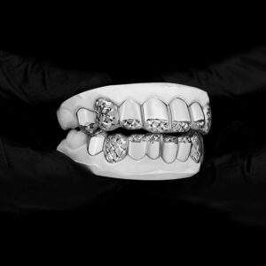White Gold Diamond Dust Cut Tip and Full K9 Top and Bottom Grillz - GotGrillz