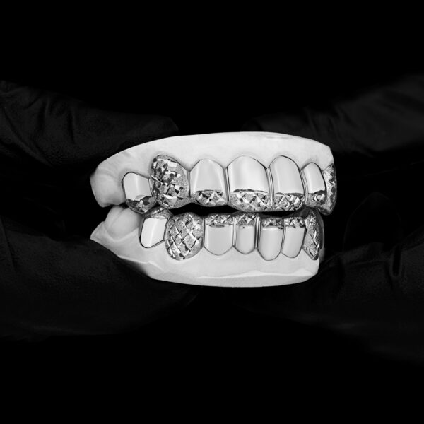White Gold Diamond Dust Cut Tip and Full K9 Top and Bottom Grillz - GotGrillz
