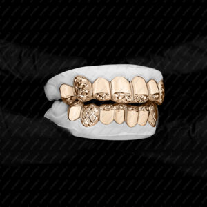 Yellow Gold Diamond Dust Cut Tip and Full K9 Top & Bottom Grillz - GotGrillz