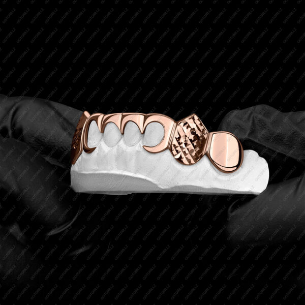 Rose Gold Outline Style with Diamond Cut K9 Fangs Grillz - GotGrillz