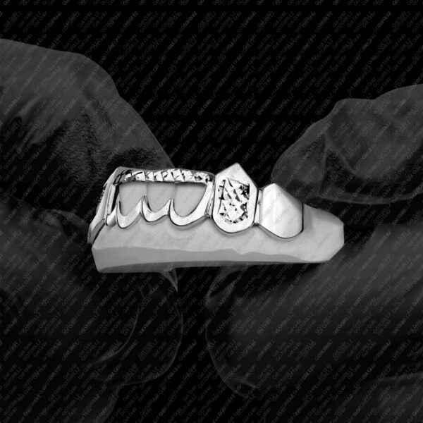 White Gold Diamond Cut K9 Fangz with Open Face Center Grillz - GotGrillz