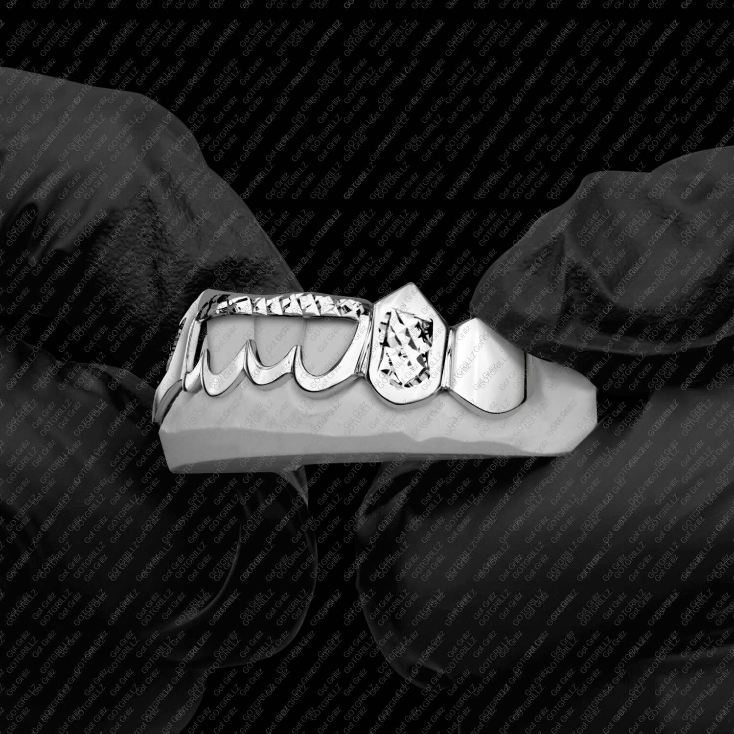 White Gold Diamond Cut K9 Fangz with Open Face Center Grillz - GotGrillz