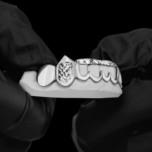 White Gold Diamond Cut K9 Fangz with Open Face Center Grillz - GotGrillz