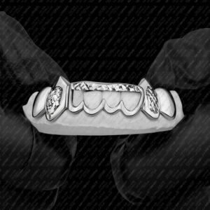 White Gold Diamond Cut K9 Fangz with Open Face Center Grillz - GotGrillz