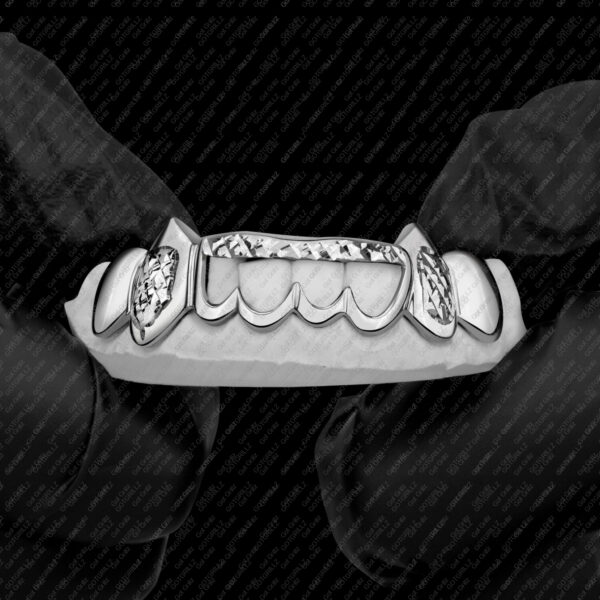 White Gold Diamond Cut K9 Fangz with Open Face Center Grillz - GotGrillz