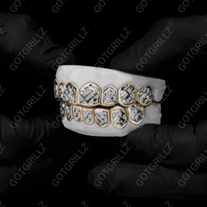 Yellow and White Gold Diamond Dust Cut Punchout Grillz - GotGrillz