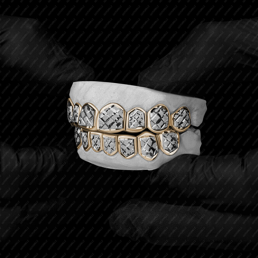 Yellow and White Gold Diamond Dust Cut Punchout Grillz - GotGrillz