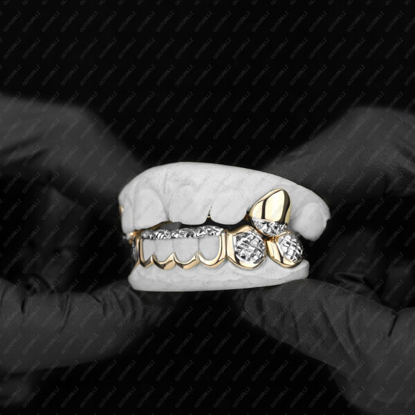 Yellow and White Gold Diamond Cut Tip K9 and Bottom Diamond Cut Open Face Grillz - GotGrillz