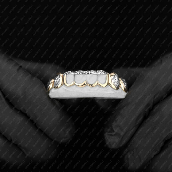 Yellow and White Gold Diamond Cut Tip K9 and Bottom Diamond Cut Open Face Grillz - GotGrillz