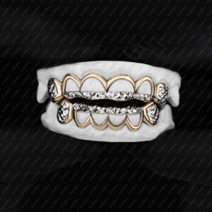 Yellow Gold White Gold Diamond Cut Punch Out K9s and Open Face Diamond Cut Tips Grillz - GotGrillz