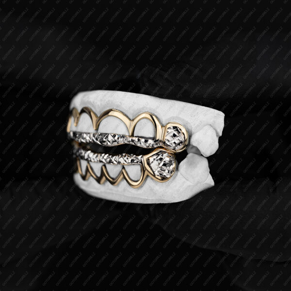 Yellow Gold White Gold Diamond Cut Punch Out K9s and Open Face Diamond Cut Tips Grillz - GotGrillz