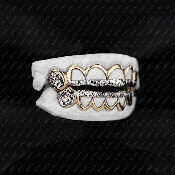 Yellow Gold White Gold Diamond Cut Punch Out K9s and Open Face Diamond Cut Tips Grillz - GotGrillz