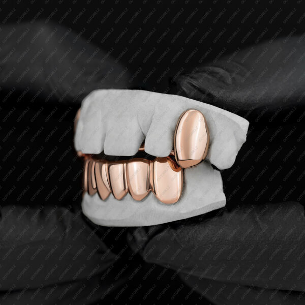 Rose Gold Solid Polished K9 Fangs and Bottom Solid Grillz - GotGrillz
