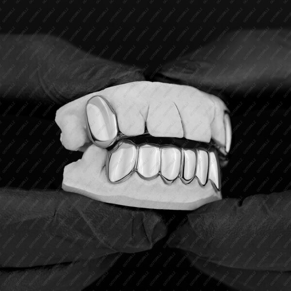 White Gold Solid Polished K9 Fangs and Bottom Solid Grillz - GotGrillz