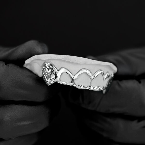 White Gold Diamond Cut K9 Fangz with Open Face Center Grillz - GotGrillz
