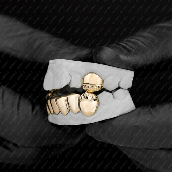 Yellow Gold Diamond Cut Tip K9 and Diamond Cut Bottom Grillz - GotGrillz